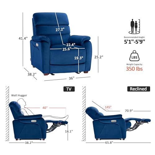 MCombo Power Zero Wall Hugger Recliner Chair for Small Space RV Living Room, Power Recliner with Adjustable Headrest, USB & USB-C Charging Ports, Fabric ST257 (Navy Blue)