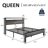 AMERLIFE Industrial Queen Size Bed Frame with Charging Station & 2-Tier Storage Headboard in Rustic Grey AMERLIFE