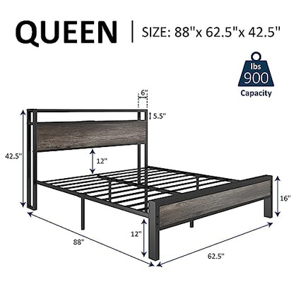 AMERLIFE Industrial Queen Size Bed Frame with Charging Station & 2-Tier Storage Headboard in Rustic Grey - WoodArtSupply