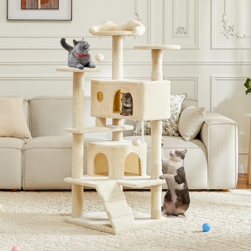 DUMOS 54-inch Indoor Cat Tree Tower –Multi-Level Pet House for Large Cats with 2 Condos, Scratching Posts, Round Platform, Small Ladder, and Toys, Beige DUMOS