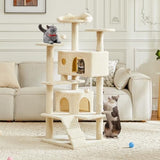 DUMOS 54-inch Indoor Cat Tree Tower –Multi-Level Pet House for Large Cats with 2 Condos, Scratching Posts, Round Platform, Small Ladder, and Toys, Beige DUMOS
