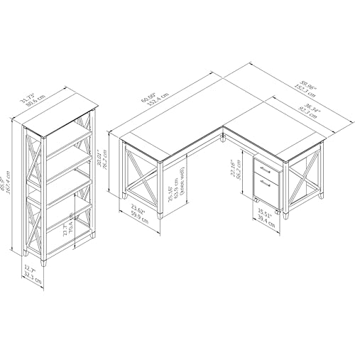 Bush Furniture Key West 60W L Shaped Desk Set with Mobile File Cabinet & Tall Bookcase in Washed Gray