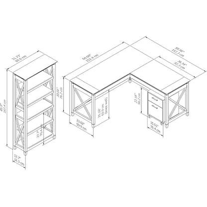Bush Furniture Key West 60W L Shaped Desk Set with Mobile File Cabinet & Tall Bookcase in Washed Gray