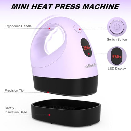eSeedy Mini Heat Press Machine, 3 Heat Settings& Fast Heating, 15 Mins Auto-Off, Insulated Safety Base, Mini Iron for Crafting, T Shirts, Hats, Heating Transfer Projects (Purple) eSeedy
