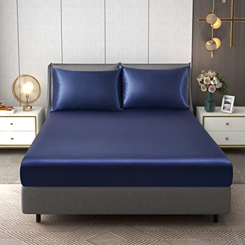 Counfeisly 2 Pieces Satin Twin Fitted Sheet & Pillowcase Set, Luxury Silky Soft Satin Bed Sheets with 1 Deep Pocket Fitted Sheet - 16" Deep Pocket Sheets, 1 Pillowcase, Navy Counfeisly