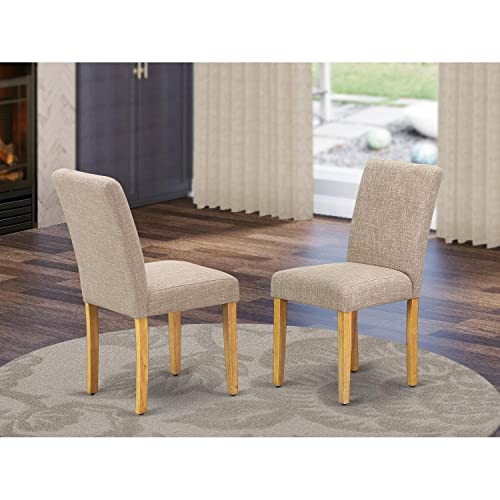 East West Furniture ABP4T04 Abbott Parson Dining Chairs - Light Tan Linen Fabric Padded Dinette Chairs, Set of 2, Oak East West Furniture