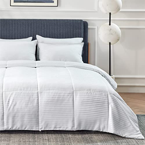 Bedsure Duvet Insert Queen Size - Lightweight Comforter, Quilted Cooling Duvet Insert, Down Alternative Summer Comforter with 8 Tabs, Ultra Soft, Striped, Machine Washable, Queen, White, 88x88 inches Bedsure