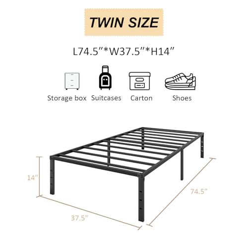 XXF Bed Frame, Metal Platform Bed Frame No Box Spring Needed, Bed with Heavy Duty Strong Support Slats, Noise Free, Easy to Assembly, Under Bed Storage (14 Inch, Twin) XXF