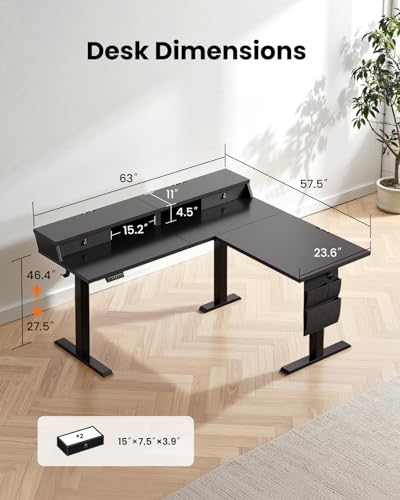ErGear L Shaped Electric Standing Desk, 63" Ergonomic Corner Height Adjustable Desk with Drawers, Sit Stand Computer Table with Storage for Work Office Home, Black ErGear