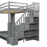 Full Murphy Bunk Bed with Desk and Hydraulic Lift, Full Over Full Size Murphy Bed with Storage Stairs, Grey Bellemave