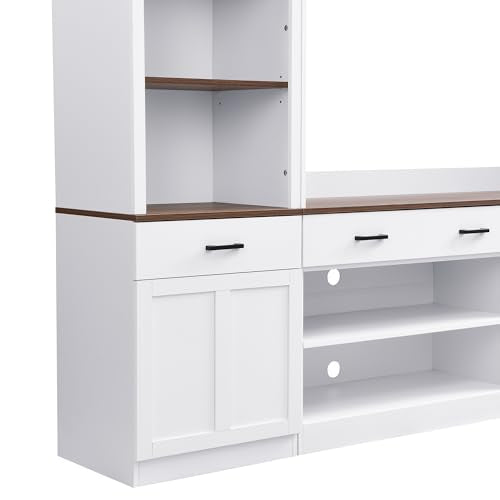 Ball & Cast Farmhouse 4-Piece Wall Unit Entertainment Media Center Set with Bookshelf for TVs Up to 70",Large Entertainment Wall Unit TV Stand W/Adjustable Shelves and Wine Rack,for Living Room,White Ball & Cast