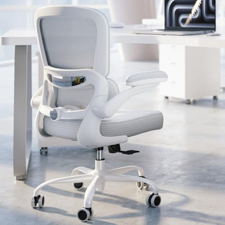 TRALT Ergonomic Office Chair - Desk Chair with Adjustable Lumbar Support Computer Chair - Mesh Comfy Chair with Flip-up Armrests - Gaming Chairs for Adults Home Office (Leather, White) TRALT