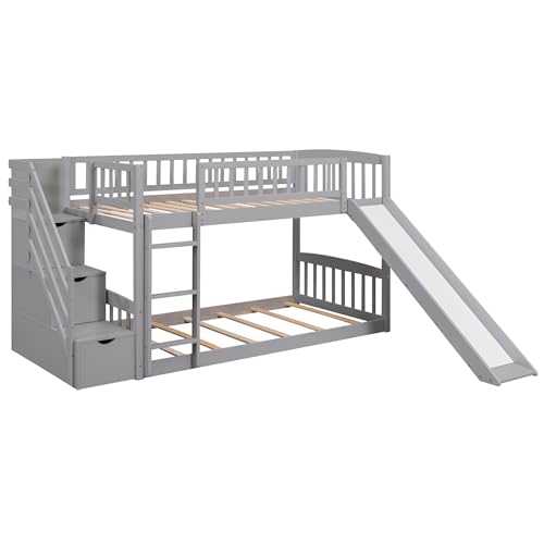 RuiSiSi Twin Bunk Bed with Slide and Stairs, Wood Low Bunk Bed Frame with Storage Stairs & Safety Guard Rails, Space-Saving Floor Bunk Beds for Kids Boys Girls, Grey RuiSiSi