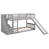 RuiSiSi Twin Bunk Bed with Slide and Stairs, Wood Low Bunk Bed Frame with Storage Stairs & Safety Guard Rails, Space-Saving Floor Bunk Beds for Kids Boys Girls, Grey RuiSiSi