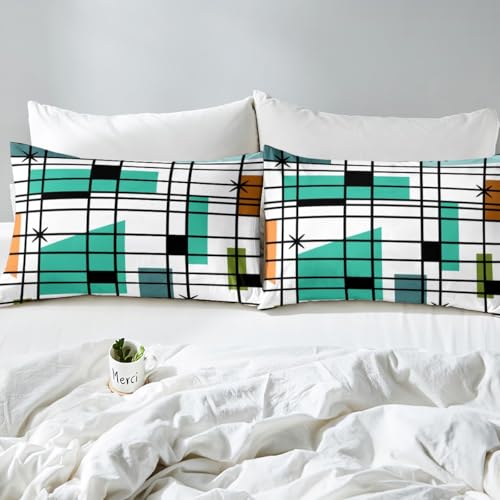 Retro Atomic Comforter Cover White Turqoise Black Bed Set, Geometric Lines Stripes Duvet Cover Queen Size Mid Century Minimalist Bedding Sets, Fifties Old Fashion Bedspread Cover Microfiber 3pcs Erosebridal