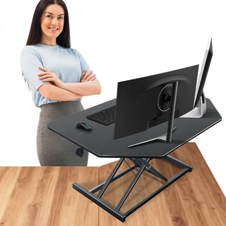 JD Concept 32 inch Black Corner Standing Desk Converter, Assembled One-Click Sit to Stand up Desk Riser, for Dual Monitor and Laptop Height Adjustable Workstation JD Concept
