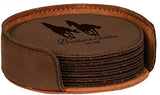 Custom Engraved Coasters | Personalized Leather Coaster | Set of 6 | Drink Coasters with Holder | Laser Engraved | Tabletop Protection | Gift for Couples (Round 4", Dark Brown w/Black) AMERICAN PERSONALIZED