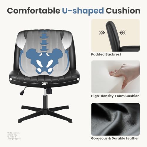 DUMOS Desk Chair No Wheels, Criss Cross Chair Wide Cross Legged Office Desk Vanity Chair, PU Leather Armless Adjustable Swivel Chairs for Home Computer Task Black DUMOS