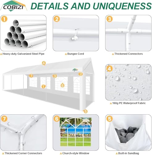 COBIZI 10x30FT Party Tent Heavy Duty Event Shelter Outdoor Wedding Gazebo Canopy Tent for Parties Carport BBQ Commercial with Removable Sidewall Windows, Powder Coating (Better Than Galvanized),White COBIZI