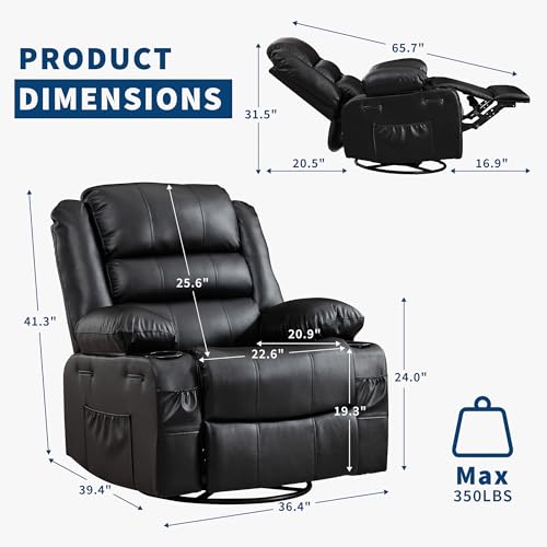 Rocking Recliner Chair for Adults Wide 360° Swivel Rocker Recliner with Cup Holder Nursery Glider with Upholstered Deep Seat PU Leather Comfy Single Sofa for Living Room Black