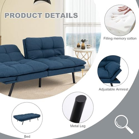 MUUEGM Futon Sofa Bed Convertible Couch,Memory Foam Futon Sofa Couch,Sleeper Futons Sofa Couches,Small Splitback Modern Loveseat Sofa Bed for Living Room,Office,Apartment,Linen Fabric,Blue. MUUEGM