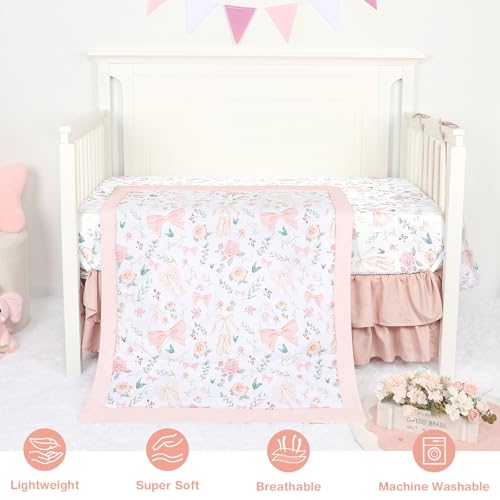 GFU Crib Bedding Set for Girls 4-Piece, Bow Baby Girl Crib Bedding Set Pink Flowes, Nursery Sets Includes Comforter, Fitted Crib Sheet, Crib Skirt, and Diaper Stacker GFU
