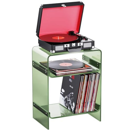 Acrylic Record Player Table with Storage Shelf, Clear Side Table Nightstand (Green, Large) Acrylicolor