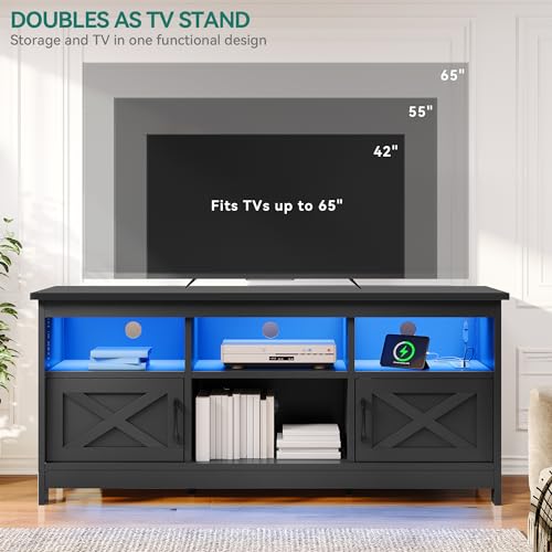 YITAHOME Farmhouse TV Stand with Power Outlet, LED Light Entertainment Center for TVs up to 65 Inch, TV Cabinet with Storage, Rustic Media Console for Living Room, 59" Black