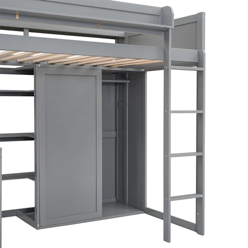 BOVZA Grey Twin Loft Bed Frame with Wardrobe, Desk, and Bookshelves - The Ultimate Space-Saver for Kids and Teens