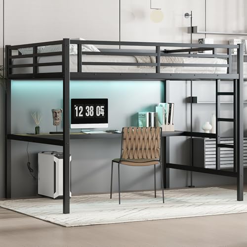 Bellemave Loft Bed Full Size, Full Loft Bed with Desk and Charging Station(USB Port & Outlets), Heavy Duty Loft Beds with RGB LED Light, Side Ladder and Full Length Guardrail, Noise Free Design, Black Bellemave