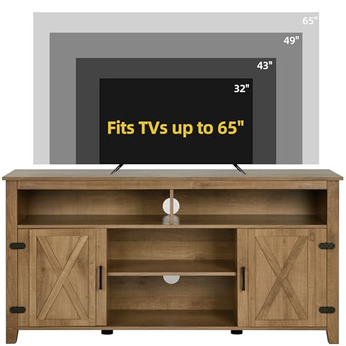 DWVO Farmhouse TV Cabinet for 65 Inch TV, Mid Century Modern TV Stand w/Barn Door, 59'' Entertainment Center with Storage, Rustic Media Console Television Table for Living Room, Natural - WoodArtSupply