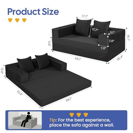 COMAX Futon Sofa Bed, 4‑in‑1 Convertible Sofa Bed, Folding Boneless Couches for Living Room, Fold Out Small Foldable Loveseat Floor Sleeper Comfy Mattress Lounge Space‑Saving, Black COMAX