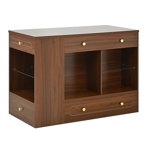 Merax Wood Closet Island with 6 Drawers 47.3" Wardrobe Armoire Bedroom Island with Glass Top and Open Shelves, Jewelry Storage Vanity Island with Compartments Cloakroom Walk-in Closet Island (Walnut) Merax