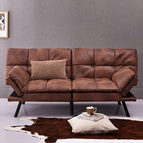 Anwick Convertible Memory Foam Futon Couch Bed, Leather Futon Sofa Bed, Folding Modern Sleeper Sofa with Quick Adjustable Armrest and Backrest for Studio Apartment/Home Office/Small Space (Brown) Anwick