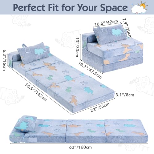 Foldable Floor Mattress with Pillow for Kids, Glow in The Dark Blue Dinosaur Toddler Washable Folding Floor Mat for Daycare, Child Trifold Futon Sofa Bed with Storage Bag for Playroom Girls and Boys Givjoy