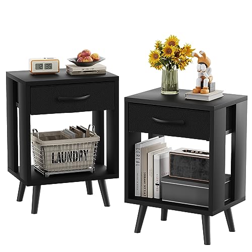 GYIIYUO Nightstands Set of 2 with Fabric Storage Drawer and Open Wood Shelf, Side Table with Storage for Bedroom, Night Stand with Drawer for Bedroom, Bedside Tables - Black 24" H - WoodArtSupply