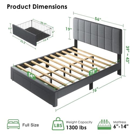 Marsail Full Bed Frame with 2 Storage Drawers - Upholstered, Adjustable Headboard,6"-12" Mattress Fit, 1300 lbs Capacity, 12-Leg Sturdy Wood Construction, Dark Gray Marsail