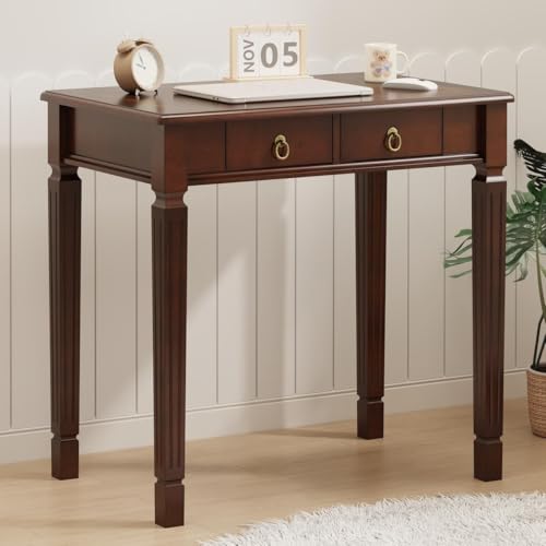 LEEMTORIG Traditional Solid Wood Writing Desk, Small Secretary Desk with 2 Drawers, Mahogany Desk Cherry Wood Writing Table for Home Office, 31.5" W French Provincial Desk, Cherry Walnut SSZ-D1258 LEEMTORIG