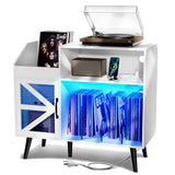 Loomie Large Record Player Stand with Power Outlet & LED Light, 350 Vinyl Record Storage Cabinet with Magnetic Door, Turntable Table with Wood Legs for Living Room (White) Loomie