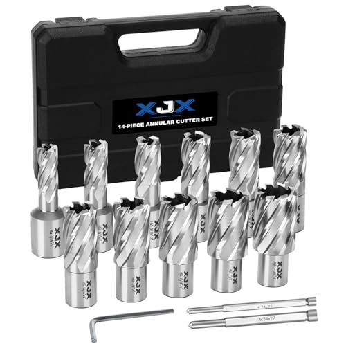 XJX 14 Pcs Annular Cutter Set, 3/4 Inch Weldon Shank 1” Cutting Depth 7/16 to 1-1/16 Inch Cutting Diameter Magnetic Drill Press Bits with 2 Pilot Pin and Hex Wrench - WoodArtSupply