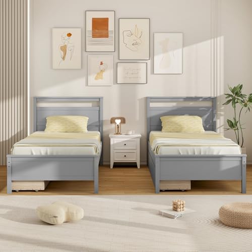 Giantex Wood Twin Bed with 2 Storage Drawers, Solid Wood Platform Bed with Headboard, Single Bed Wooden Slats Support, No Spring Needed, Twin Bed Frame for Kids, Teens, Adults (Grey) Giantex