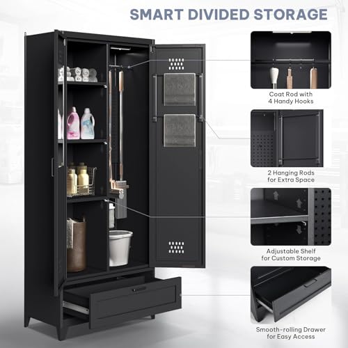 YITAHOME 71" Metal Garage Broom Cabinets with Adjustable Shelves, Vacuum Storage Cabinet with Doors and Drawer, Tool Storage Cabinet for Gym, Basement, Warehouse, Black, Metal YITAHOME