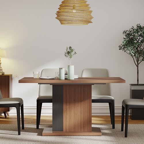 Manora 55" Modern Farmhouse Dining Table for 6 People, Rectangular Kitchen & Dining Room Wood Table with Pedestal Base, Walnut Finish Manora