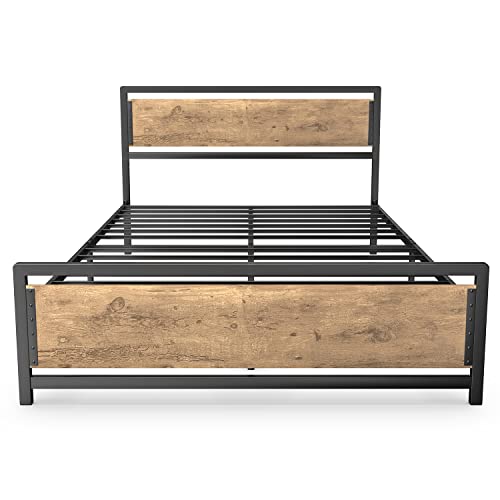Gizoon Queen Metal Platform Bed Frame with Wooden Headboard, 15 Iron Slats, Large Underbed Storage, Easy Assembly, No Box Spring Needed