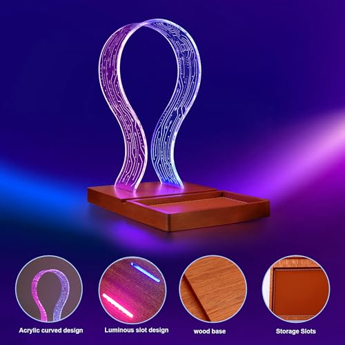 YuanDian Gamer Gifts for Teenage Boy, LED Gaming Headphone Phone Stand with Tray - Wood Holder with Blue Pink LED Night Light, Desk Organizer, Ideal Gift for Gamers, Men, and Music Lovers - WoodArtSupply