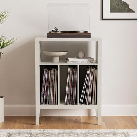 MoomJiee Modern Record Player Stand, Vinyl Record Storage Cabinet with Open Shelf, Wood Records Player Table Cube Storage Organizer for Living Room, Office, Antique White MoomJiee