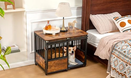 KOOPRO 32 Inch Dog Crate Furniture with Cushion for Large Medium Dogs, Wooden Heavy Duty Dog Kennel with Double Doors, Decorative Pet House Dog Cage Side End Table Indoor, Sliding Door Chew-Resistant KOOPRO