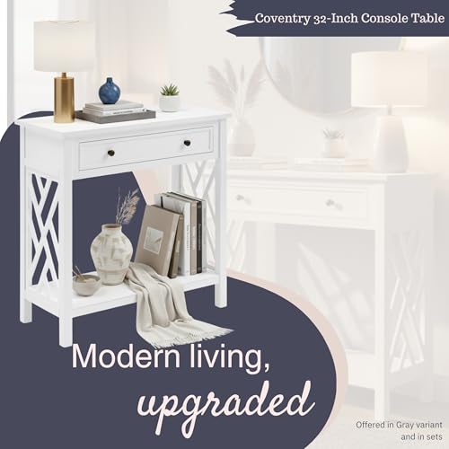 Coventry 32-Inch Wood Console Table with Drawer & Lower Shelf – Traditional to Contemporary Sofa Table with Open Side Accent Design for Entryway, Hallway or Living Room by Alaterre Furniture (White) Alaterre Furniture