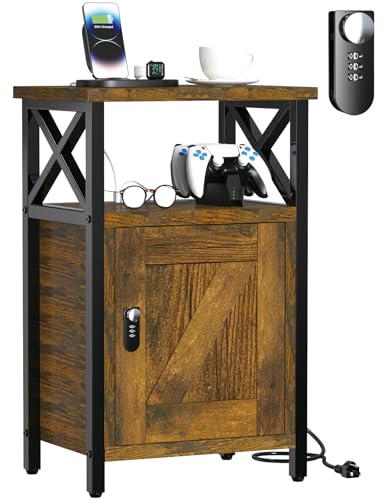 runjuly Wooden Nightstand with Lock, Bed Side Table with Drawers, Bedside Table with Charging Station, 3 USB & 2 Outlets, Night Stand with Storage, End Tables for Living Room, Bedroom, Dorm, Brown runjuly