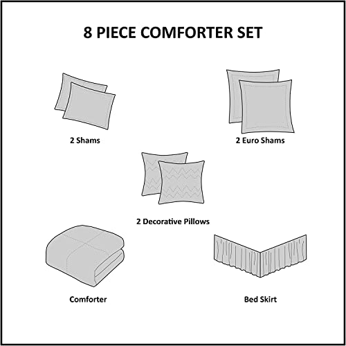 510 DESIGN Luxe Quilted Comforter Set Modern Transitional Design, All Season Down Alternative Warm Bedding Matching Shams, Bedskirt, Decorative Pillow, Cal King, Ramsey Damask Grey